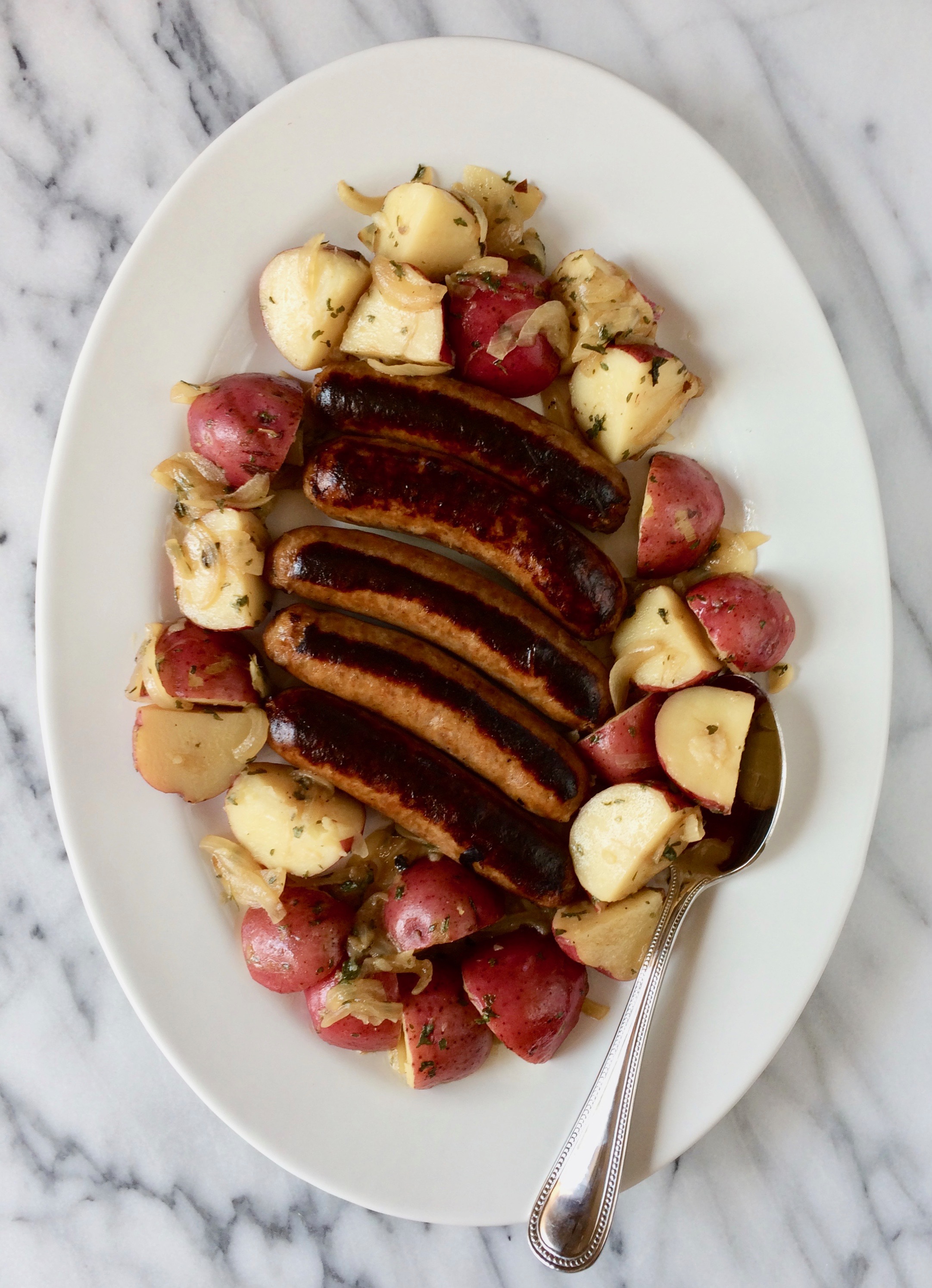 Beer Braised Sausage Warm Potato Salad
