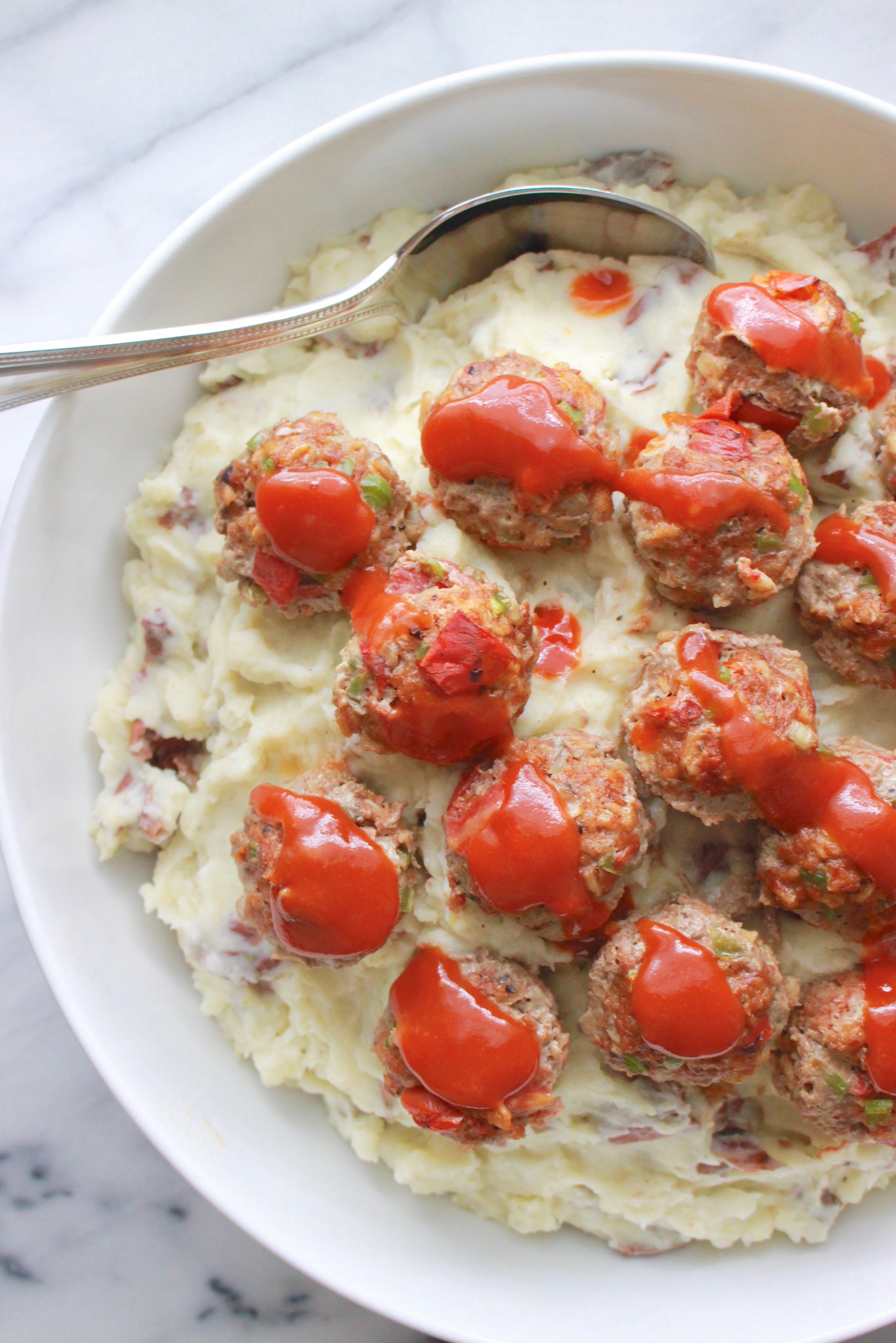 Meatloaf Meatballs with Redskin Mashed Potatoes
