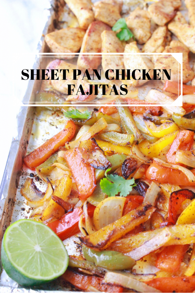 Oven Baked Sheet Pan Chicken Fajitas | Strips of chicken and vegetables are marinated in an easy Mexican marinade and then baked in the oven for an easy, healthy weeknight dinner!