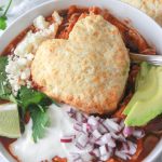 chipotle chicken chili with biscuits and all the toppings!