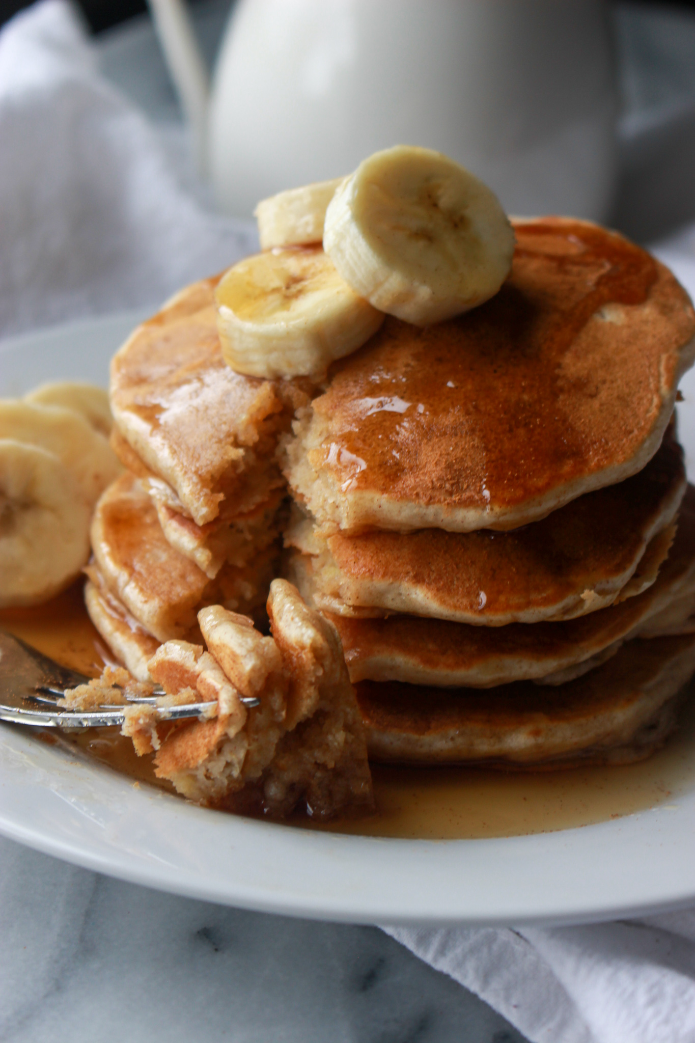 forkful of homemade banana pancakes