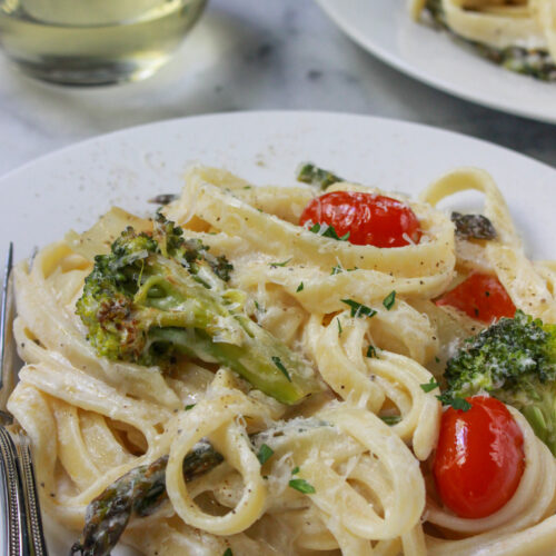 plate of creamy vegetable pasta