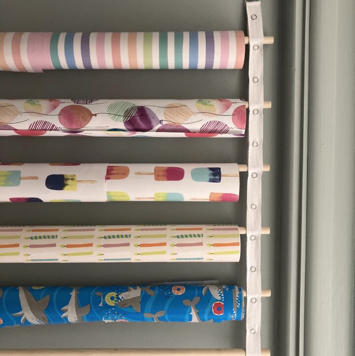 close up of hanging wrapping paper rolls