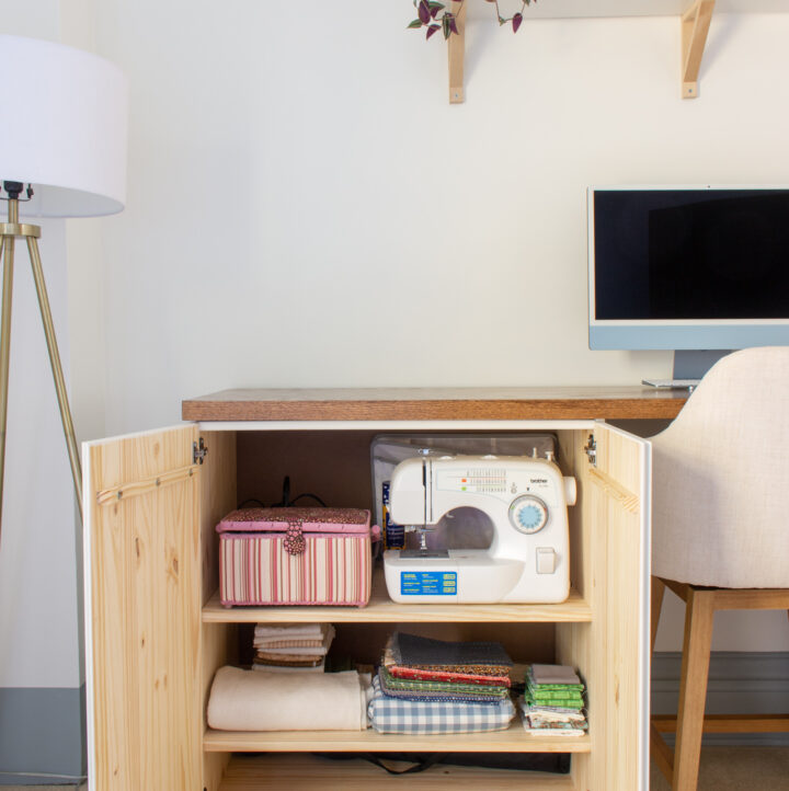 sewing supplies inside of Ikea Ivar desk