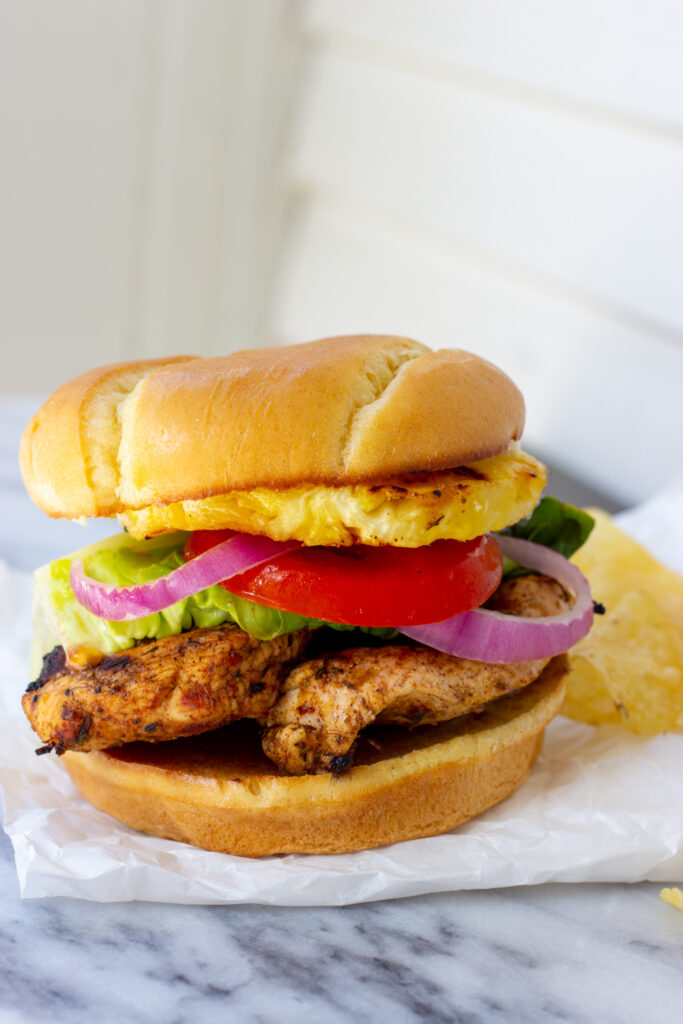 jerk chicken burger with pineapple ring