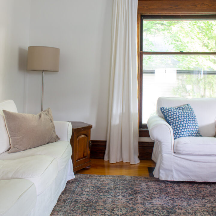 our Amber Lewis Loloi rug in the living room